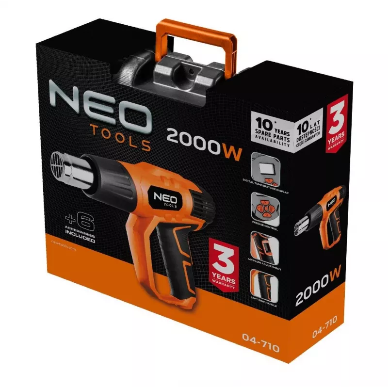 NEO TOOLS heteluchtpistool 2000W met LCD-display, 50°C & 70-600°C, 4 mondstukken, schraper, draagkoffer