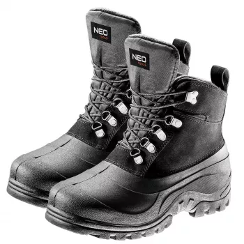 NEO TOOLS heren sneeuwlaarzen, maat 43 - zwarte winterveterschoenen met kunstbontvoering, waterafstotend, antislip TPR-zool