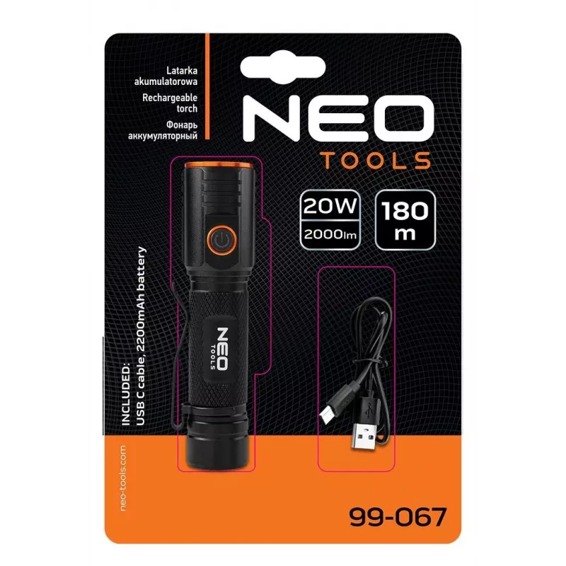 NEO TOOLS USB C 2000 lm CHN LED accu-zaklamp