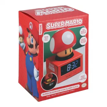 Paladone Super Mario Super Mushroom Icon wekker - digitaal LCD, USB-voeding, officiële Nintendo-geluidseffecten, rood/wit