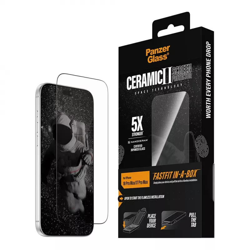 PanzerGlass keramische displaybeschermfolie iPhone 17 Pro Max met FASTFIT IN-A-BOX
