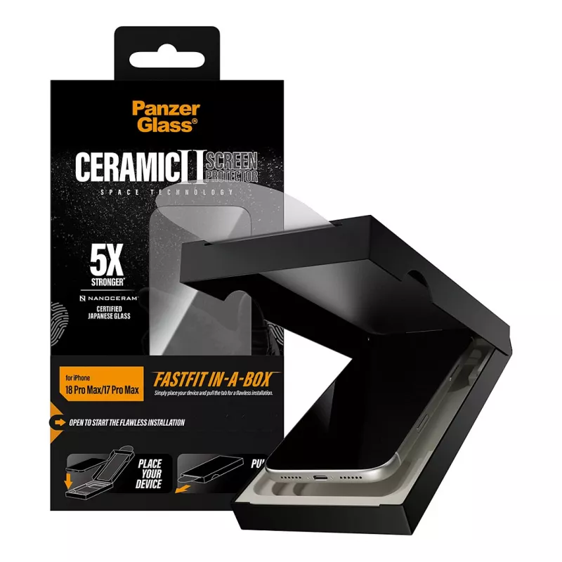 PanzerGlass keramische displaybeschermfolie iPhone 17 Pro Max met FASTFIT IN-A-BOX