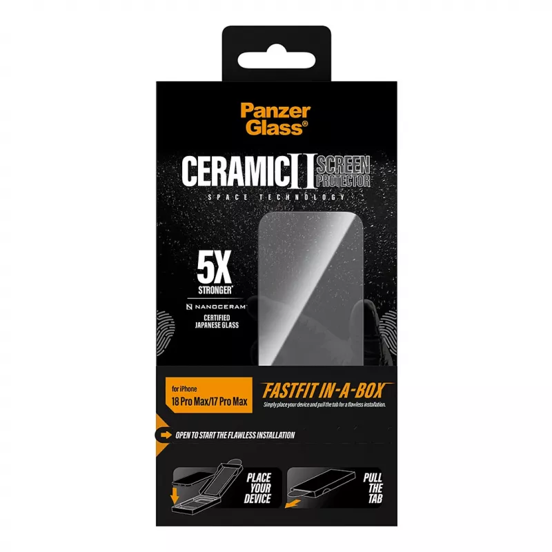 PanzerGlass keramische displaybeschermfolie iPhone 17 Pro Max met FASTFIT IN-A-BOX