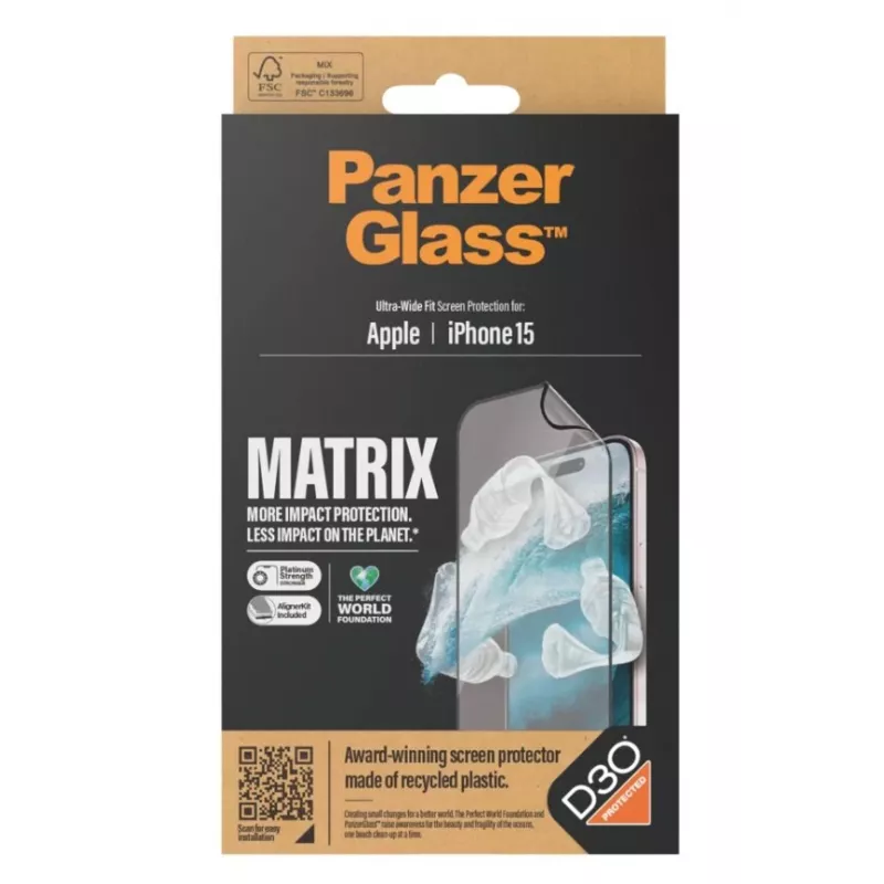 PanzerGlass MATRIX displayscherm met D3O voor iPhone 15 | ultra-wide fit met AlignerKit