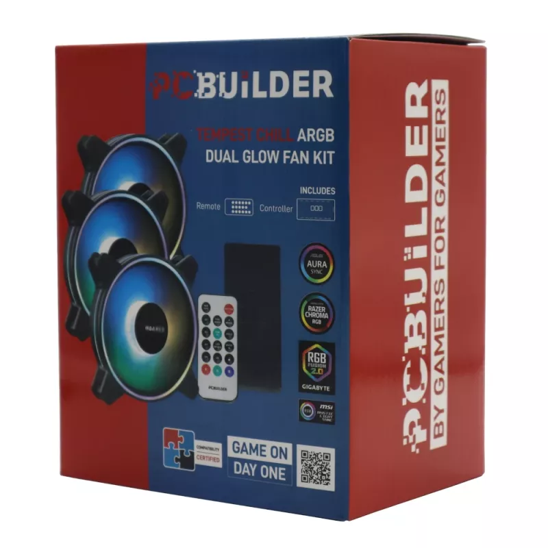 PCBuilder Tempest Chill ventilator-kit 3x120mm Dual Glow ARGB-ventilatoren + controller + RF-afstandsbediening