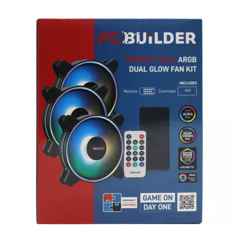 PCBuilder Tempest Chill ventilator-kit 3x120mm Dual Glow ARGB-ventilatoren + controller + RF-afstandsbediening