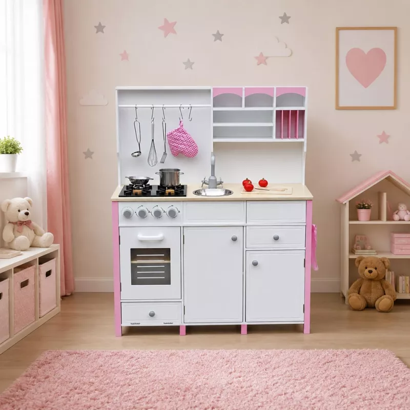 PETMEX Paula houten speelkeuken voor kinderen roze wit met openingselementen