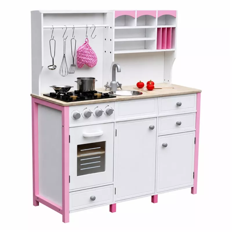 PETMEX Paula houten speelkeuken voor kinderen roze wit met openingselementen