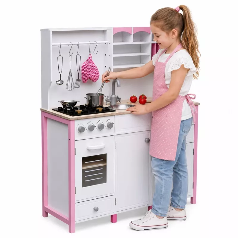 PETMEX Paula houten speelkeuken voor kinderen roze wit met openingselementen