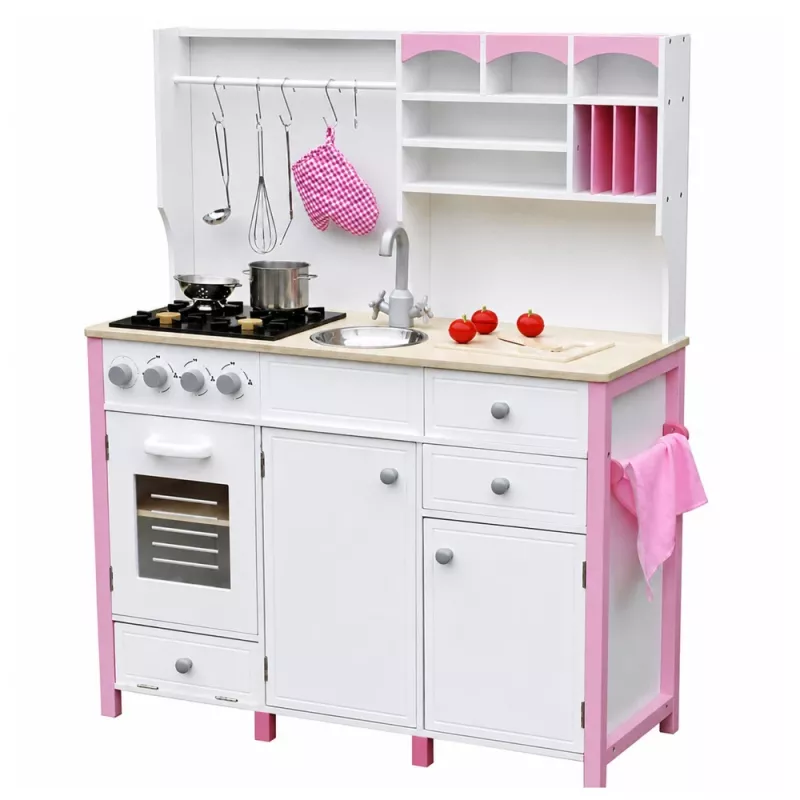 PETMEX Paula houten speelkeuken voor kinderen roze wit met openingselementen
