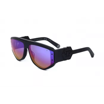 PHILIPP PLEIN SPP093M-703V herenzonnebril, vierkante pilotvorm, zwart acetaat montuur, grijze polycarbonaatglazen, UV400-bescherming, 65/16/145 mm