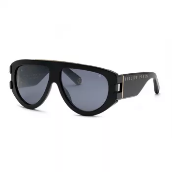 Philipp Plein SPP127M60700G herenzonnebril - zwart acetaat montuur, donkergrijze glazen, 60/13/145 mm