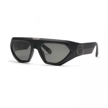 PHILIPP PLEIN SPP153-580U28 heren rechthoekige zonnebril, glanzend zwart acetaat montuur, rookgrijze polycarbonaatglazen, 58 mm