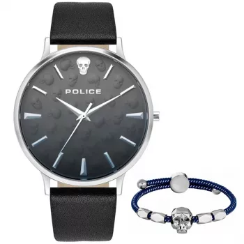 POLICE heren analoog quartz horloge PLTASM2SET20 44mm RVS behuizing blauwe wijzerplaat bruin leer & zilveren mesh band