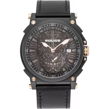 POLICE Heren Quarz Analoog Horloge PL15728JSB.02 48mm RVS behuizing Zwarte Leren Band