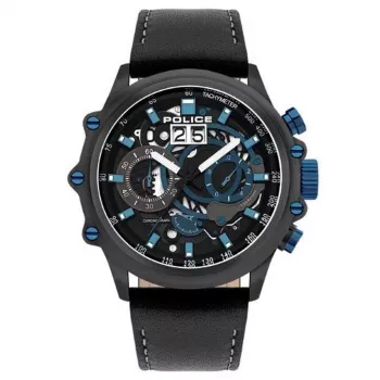 POLICE heren quartz analoog horloge PL16018JSU02 48mm blauwe wijzerplaat leren band