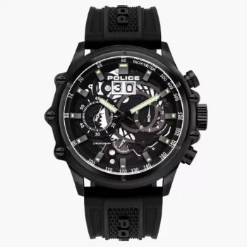 POLICE Herenhorloge PL16018JSB02P 48mm RVS Quartz Analoog Zwarte wijzerplaat Leren band