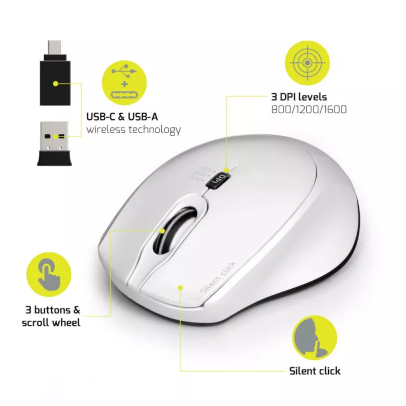 Port Designs Port Connect Silent 1600DPI 3-knops draadloze muis - wit