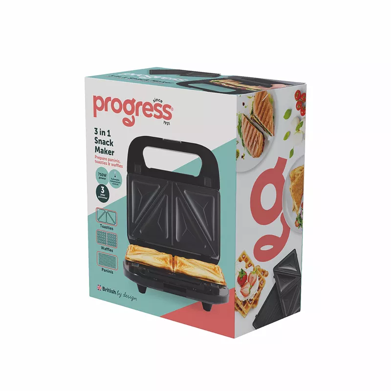 Progress EK6666PVDE 3 in 1 Snack Maker – wafel-, sandwich- en donutmaker, 900W, zwart