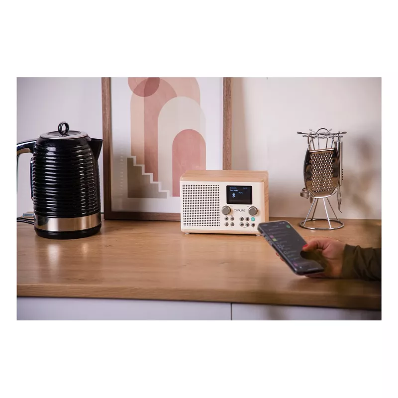 Pure Classic H4 DAB+/FM digitale radio, 2,4-inch kleurendisplay, wekker, slaaptimer en keukentimer, Cotton White/eiken