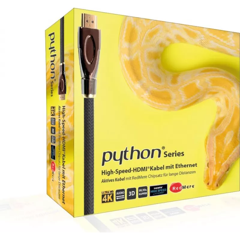PYTHON GC-M0022 20m actieve High-Speed HDMI-kabel met Ethernet, 4K2K/UHD, Redmere-chip, vergulde contacten, OFC, nylonvlecht, zwart