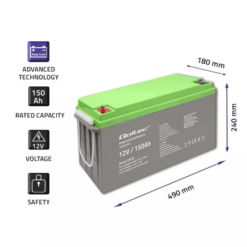 Qoltec Deep Cycle gel-accu 12V 150Ah 44,5kg