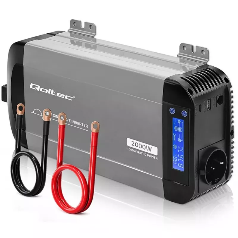 Qoltec zuivere sinusomvormer 12V naar 230V 1000W/2000W met LCD, USB, USB-C, LiFePO4/GEL/AGM compatibel