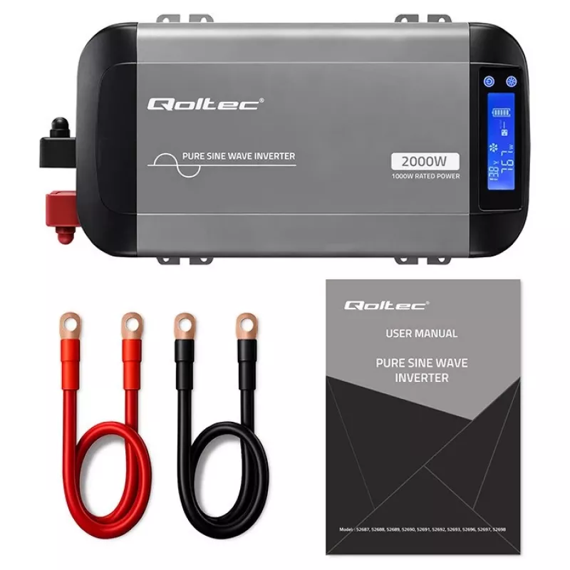 Qoltec zuivere sinusomvormer 12V naar 230V 1000W/2000W met LCD, USB, USB-C, LiFePO4/GEL/AGM compatibel