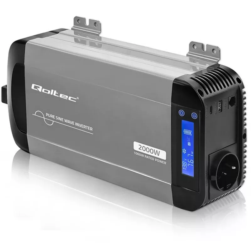 Qoltec zuivere sinusomvormer 12V naar 230V 1000W/2000W met LCD, USB, USB-C, LiFePO4/GEL/AGM compatibel