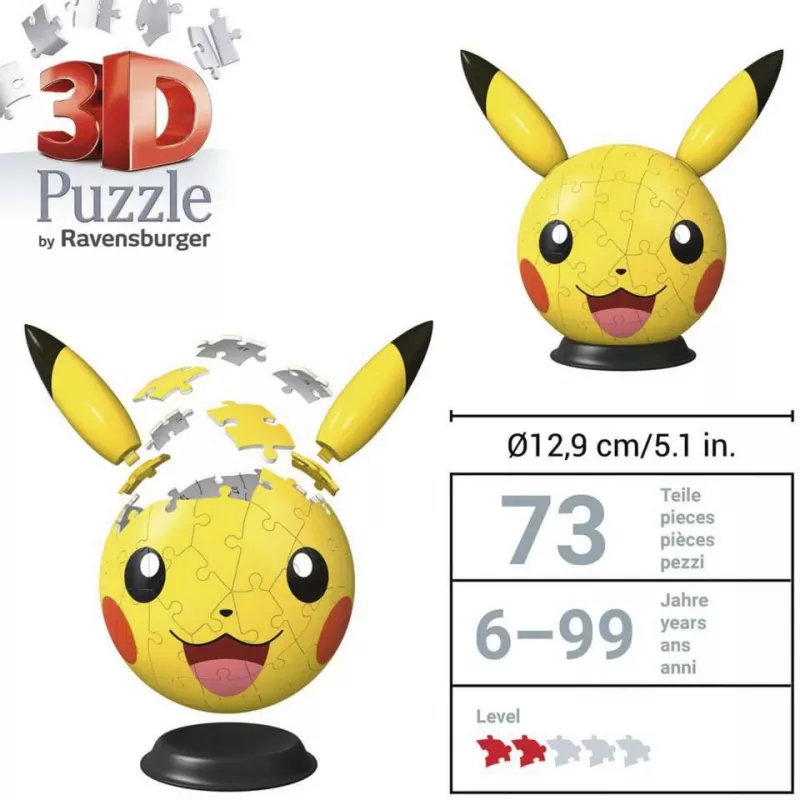 Ravensburger 3D puzzelbal Pokémon Pikachu met oren - 54 onderdelen