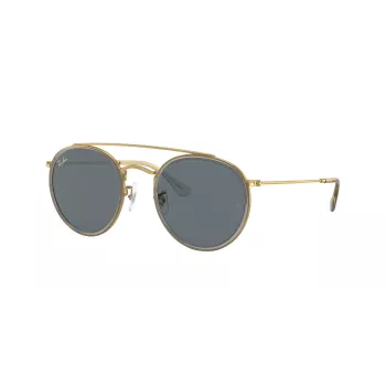 Ray-Ban RB3647N Round Double Bridge zonnebril koperen montuur lichtblauw verloopglazen 51mm