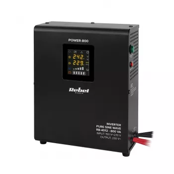 Rebel POWER-800 wandgemonteerde noodstroomvoorziening – zuivere sinusomvormer met 12V-laadfunctie, 230V, 800VA/500W