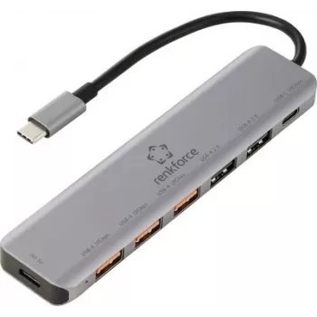 Renkforce RF-7465828 USB-C 6-in-1 hub, 3x USB-A 3.0, USB-C data, 4K HDMI, 100W PD, grijs