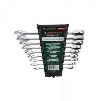 ROCKFORCE 9-delige metrische ratel ringsleutelset, chroom-vanadiumstaal, 72 tanden, 8-22 mm, DIN-norm