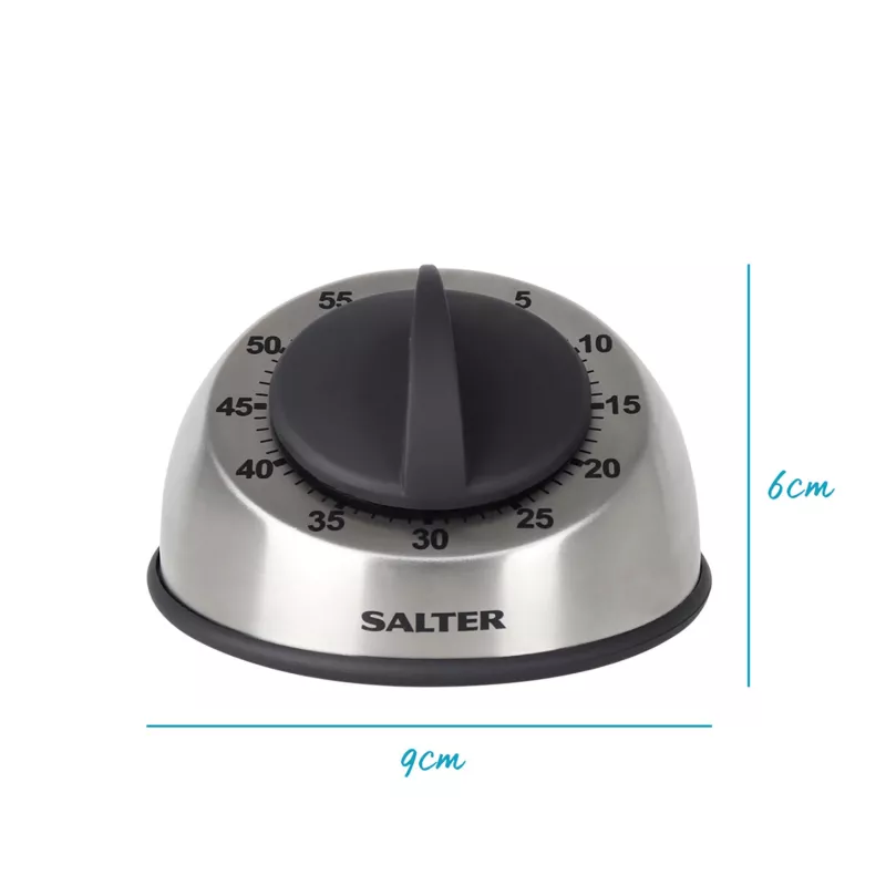 Salter 338 SSBKXR15 RVS mechanische timer - 60-minuten opwindtimer met akoestisch signaal, zilver