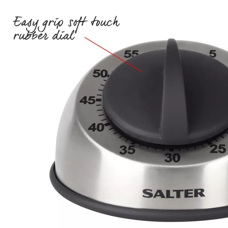 Salter 338 SSBKXR15 RVS mechanische timer - 60-minuten opwindtimer met akoestisch signaal, zilver
