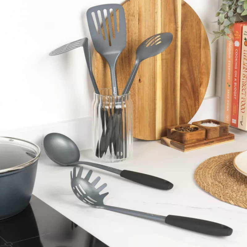 Salter BW13601DU Excellence 5-delige keukengerei set met draaiende standaard, zwart en zilver