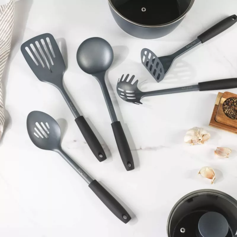 Salter BW13601DU Excellence 5-delige keukengerei set met draaiende standaard, zwart en zilver