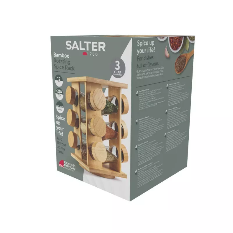 Salter BW14238 draaibaar bamboe kruidenrek met 16 glazen potjes