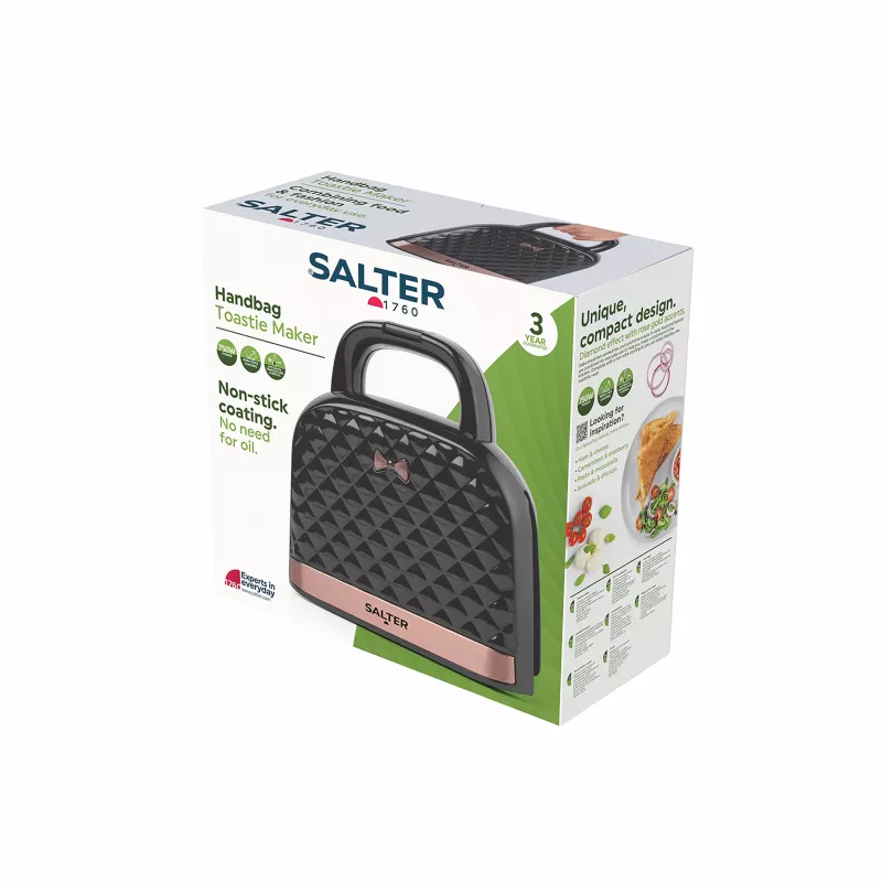 Salter EK3677FVDE tosti-ijzer in handtasmodel, voor 2 tosti's, antiaanbakplaten, tot 200°C, roségouden accenten