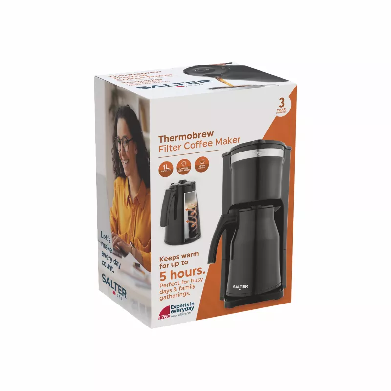 Salter EK6664VDE ThermoBrew filterkoffiezetapparaat, thermische glazen kan van 1 L, 800 W, 8 kopjes, herbruikbaar filter
