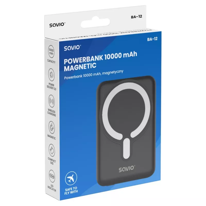 Savio BA-12 magnetische draadloze powerbank 10000 mAh zwart