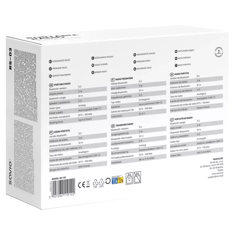 SAVIO RS-03 draagbare radio FM/AM met MP3 USB/SD-weergave, roze