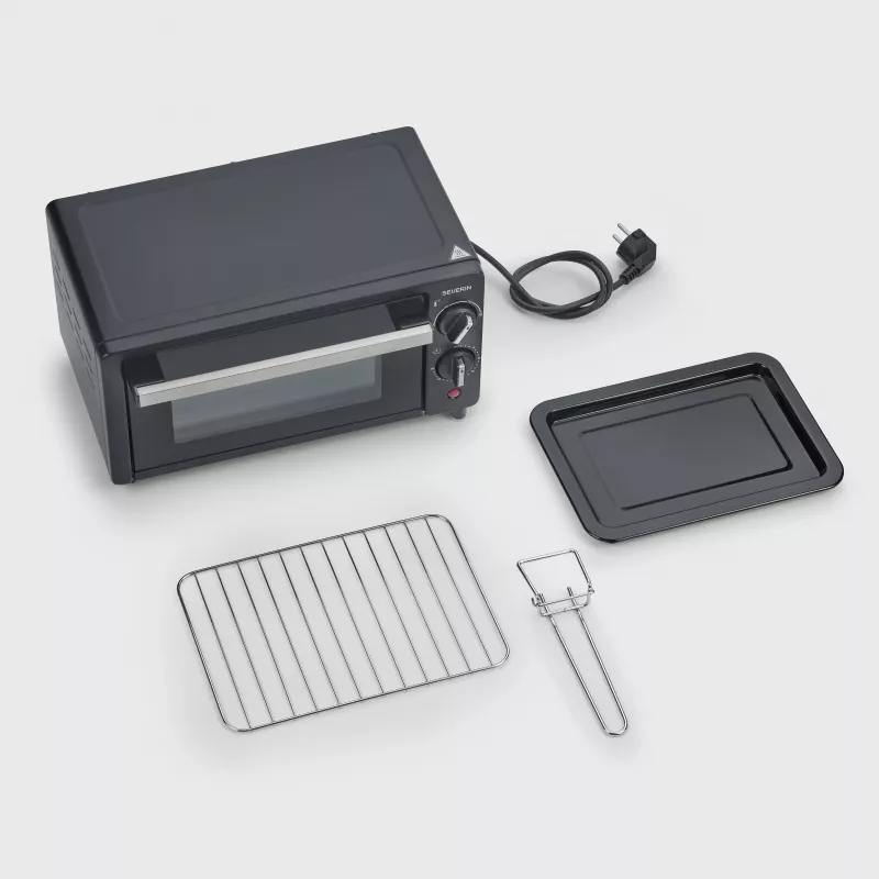Severin TO 2062 mini-oven, 9 L, 800 W, met draaispit, geborsteld roestvrij staal/zwart