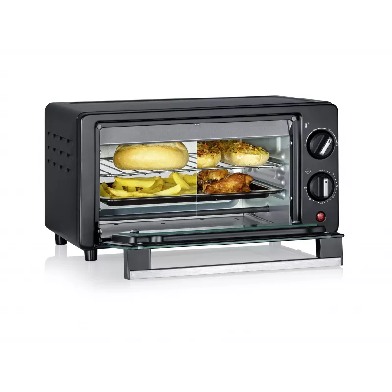Severin TO 2062 mini-oven, 9 L, 800 W, met draaispit, geborsteld roestvrij staal/zwart
