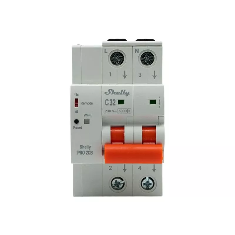Shelly Pro 2CB C32 slimme miniatuur-leidingbeveiliging, 2-polig, 32A, WLAN, LAN, Bluetooth