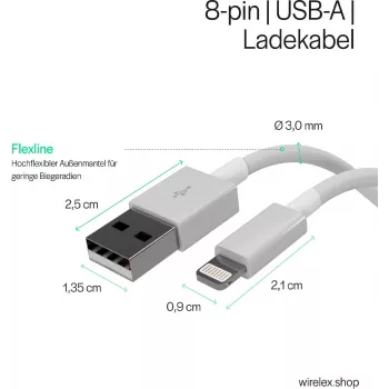 SHIVERPEAKS Flexline USB Charge & Sync-kabel, USB-A naar 8-pin (Lightning), 2.0, ABS, wit, 1,5 m (FL31-12042)