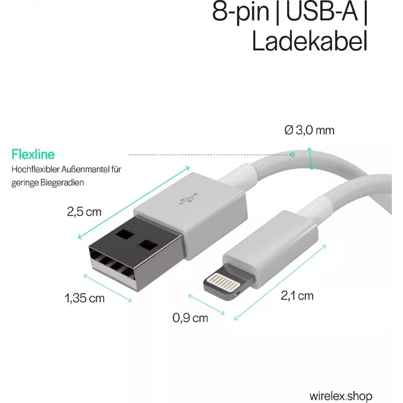 SHIVERPEAKS Flexline USB Charge & Sync-kabel, USB-A naar 8-pin (Lightning), 2.0, ABS, wit, 1,5 m (FL31-12042)