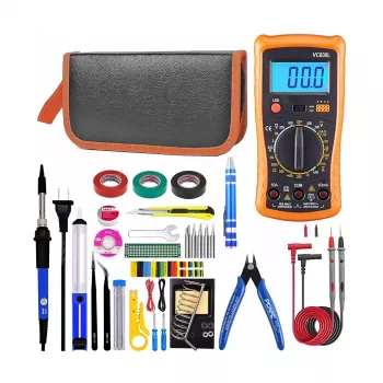 Soldeerstation set grote koffer E6180 – 60 W verstelbare keramische soldeerbout met 6 punten, ontluchtingspomp, standaard, flux, pincet, soldeertin, krimpkous, schroevendraaier, spons in harde koffer