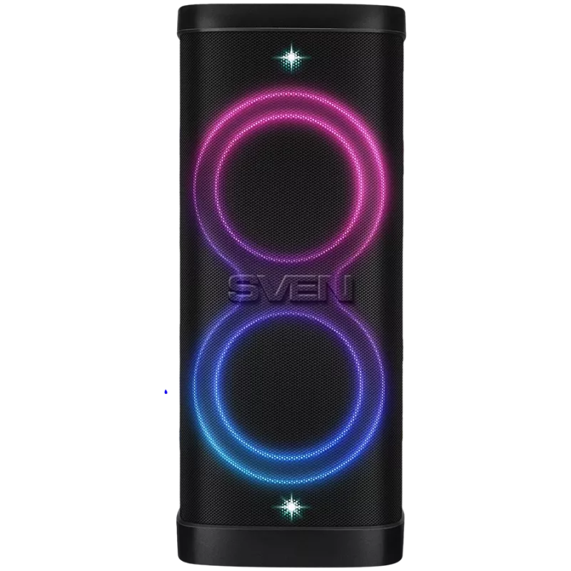 Partyboksluidspreker SVEN PS-1250, zwart (300W, TWS, IPx4, Bluetooth, FM, USB, microSD, LED-display, 13500mAh)